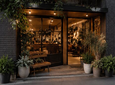 Cosy coffee shop entrance and seating